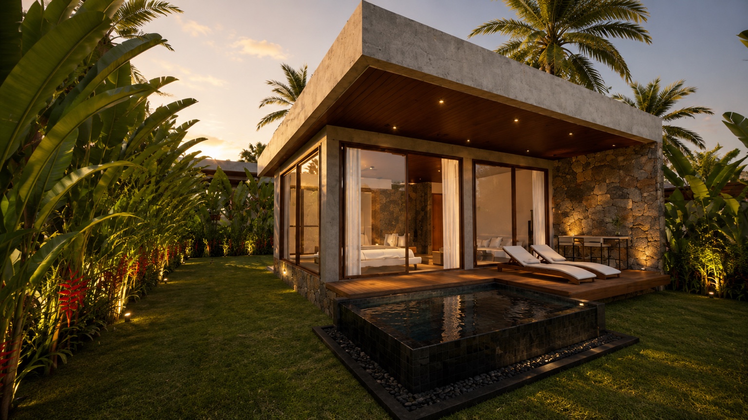 Villa con piscina y jardín al atardecer en Ca’Nostra Villas